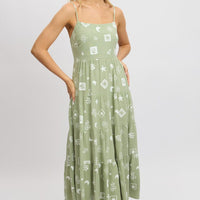 Green Abstract Midi Dress Tiered Strappy