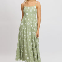 Green Abstract Midi Dress Tiered Strappy