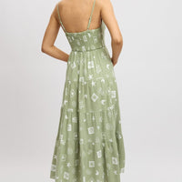 Green Abstract Midi Dress Tiered Strappy