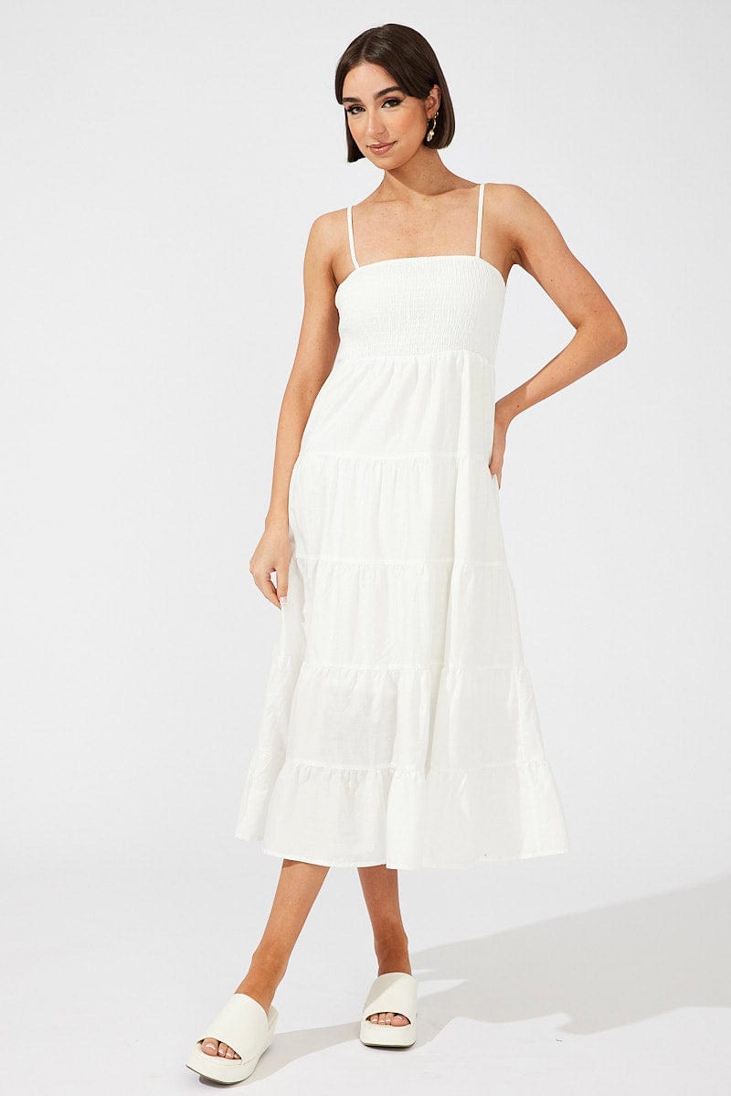 White Midi Dress Sleeveless Tiered