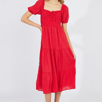 Red Midi Dress Short Sleeve Shirred