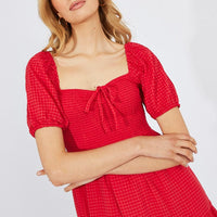 Red Midi Dress Short Sleeve Shirred