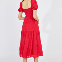 Red Midi Dress Short Sleeve Shirred