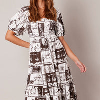 Brown Abstract Midi Dress Puff Sleeve Shirred Bust