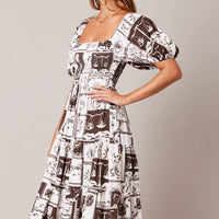Brown Abstract Midi Dress Puff Sleeve Shirred Bust