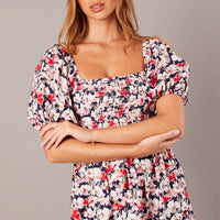 Blue Floral Midi Dress Puff Sleeve Shirred Bust