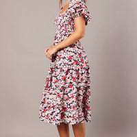Blue Floral Midi Dress Puff Sleeve Shirred Bust