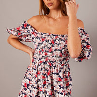 Blue Floral Midi Dress Puff Sleeve Shirred Bust