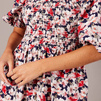 Blue Floral Midi Dress Puff Sleeve Shirred Bust