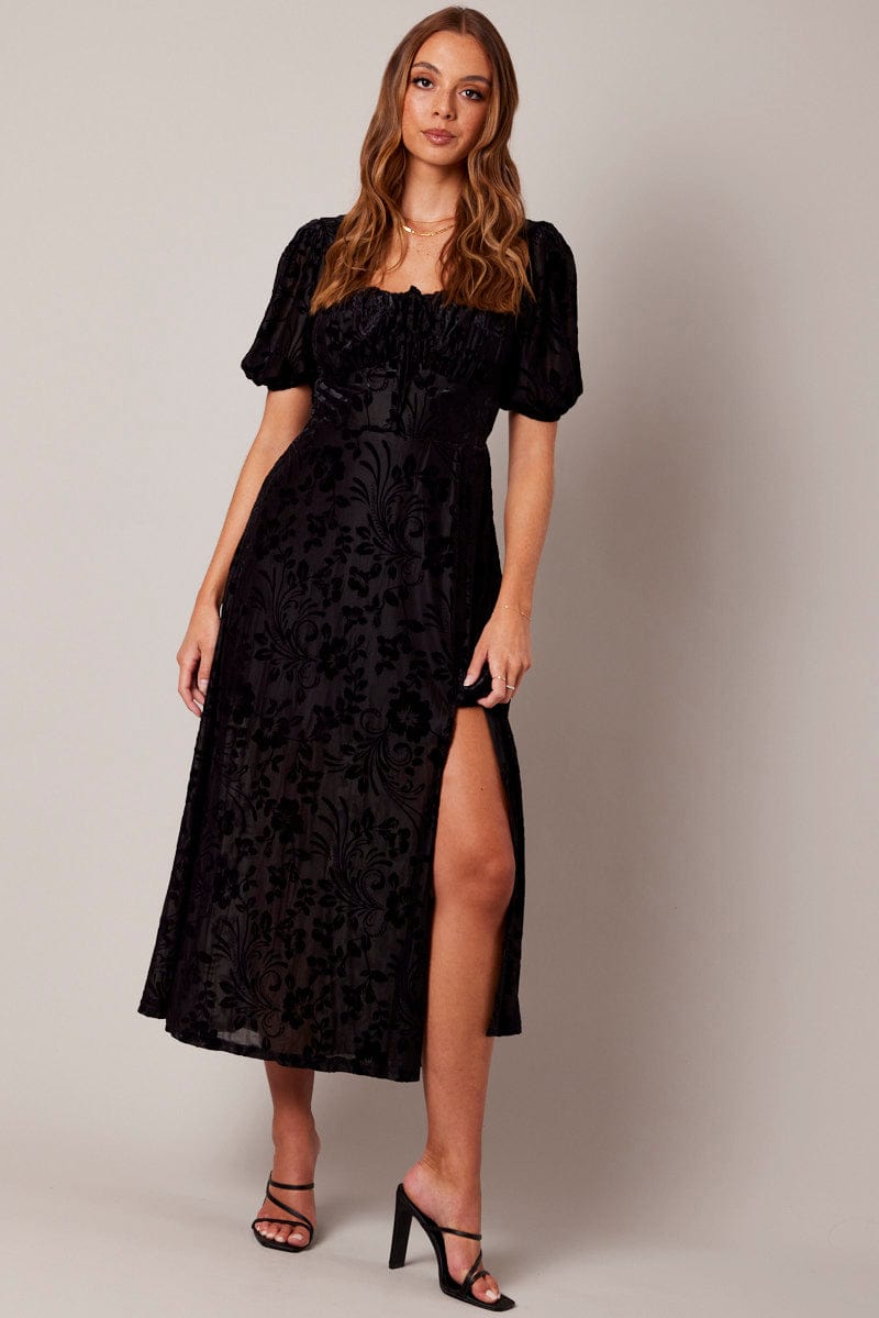Black Midi Dress Short Sleeve Side Split