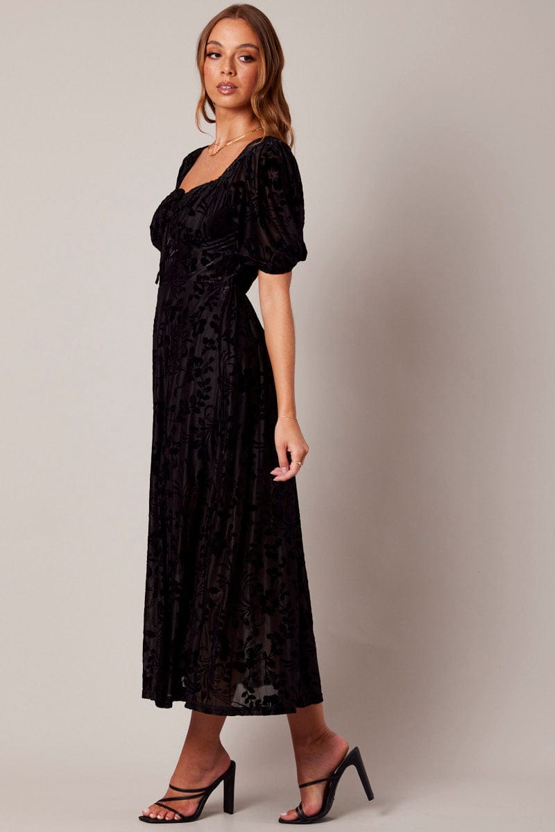 Black Midi Dress Short Sleeve Side Split