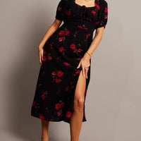 Black Floral Midi Dress Puff Sleeve Midi