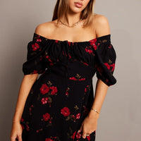 Black Floral Midi Dress Puff Sleeve Midi