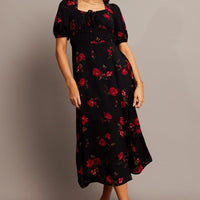Black Floral Midi Dress Puff Sleeve Midi