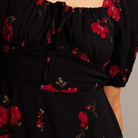 Black Floral Midi Dress Puff Sleeve Midi