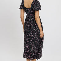 Black Ditsy Midi Dress Short Sleeve Side Split