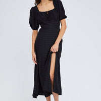 Black Midi Dress Short Sleeve Ruched Bust