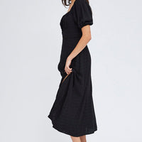 Black Midi Dress Short Sleeve Ruched Bust