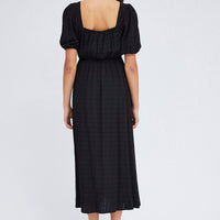 Black Midi Dress Short Sleeve Ruched Bust