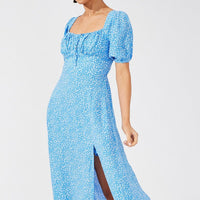 Blue Floral Midi Dress Puff Sleeve Midi