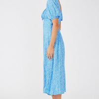 Blue Floral Midi Dress Puff Sleeve Midi