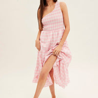 Pink Check Midi Dress One Shoulder Shirred Body