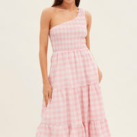 Pink Check Midi Dress One Shoulder Shirred Body