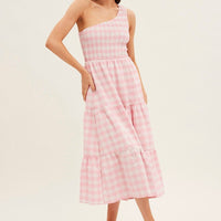 Pink Check Midi Dress One Shoulder Shirred Body
