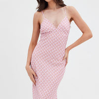 Pink Geo Midi Dress V-Neck Sleeveless