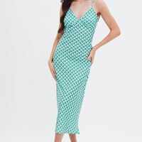 Green Geo Midi Dress V-Neck Sleeveless