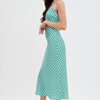 Green Geo Midi Dress V-Neck Sleeveless