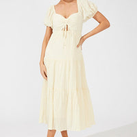 Beige Midi Dress Puff Sleeve Ruch Front