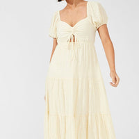 Beige Midi Dress Puff Sleeve Ruch Front
