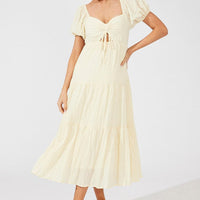 Beige Midi Dress Puff Sleeve Ruch Front
