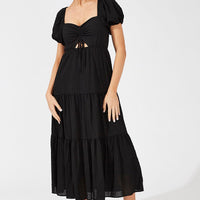 Black Midi Dress Puff Sleeve Ruch Front