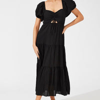 Black Midi Dress Puff Sleeve Ruch Front