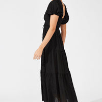 Black Midi Dress Puff Sleeve Ruch Front