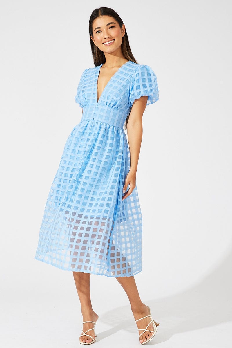 Blue Midi Dress Puff Sleeve V-Neck