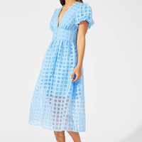 Blue Midi Dress Puff Sleeve V-Neck
