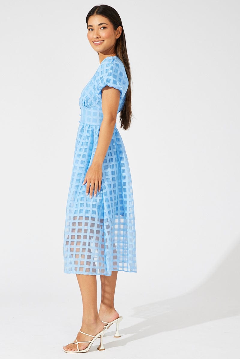 Blue Midi Dress Puff Sleeve V-Neck