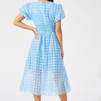Blue Midi Dress Puff Sleeve V-Neck
