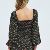 Black Floral Midi Dress Long Sleeve Gathering Bust