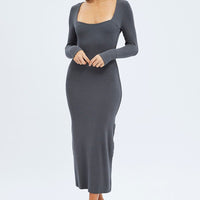Grey Midi Dress Long Sleeve Bodycon Ribbed