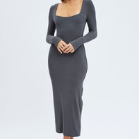 Grey Midi Dress Long Sleeve Bodycon Ribbed