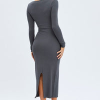 Grey Midi Dress Long Sleeve Bodycon Ribbed
