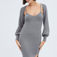Grey Knit Midi Dress And Shrug Set