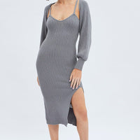 Grey Knit Midi Dress And Shrug Set
