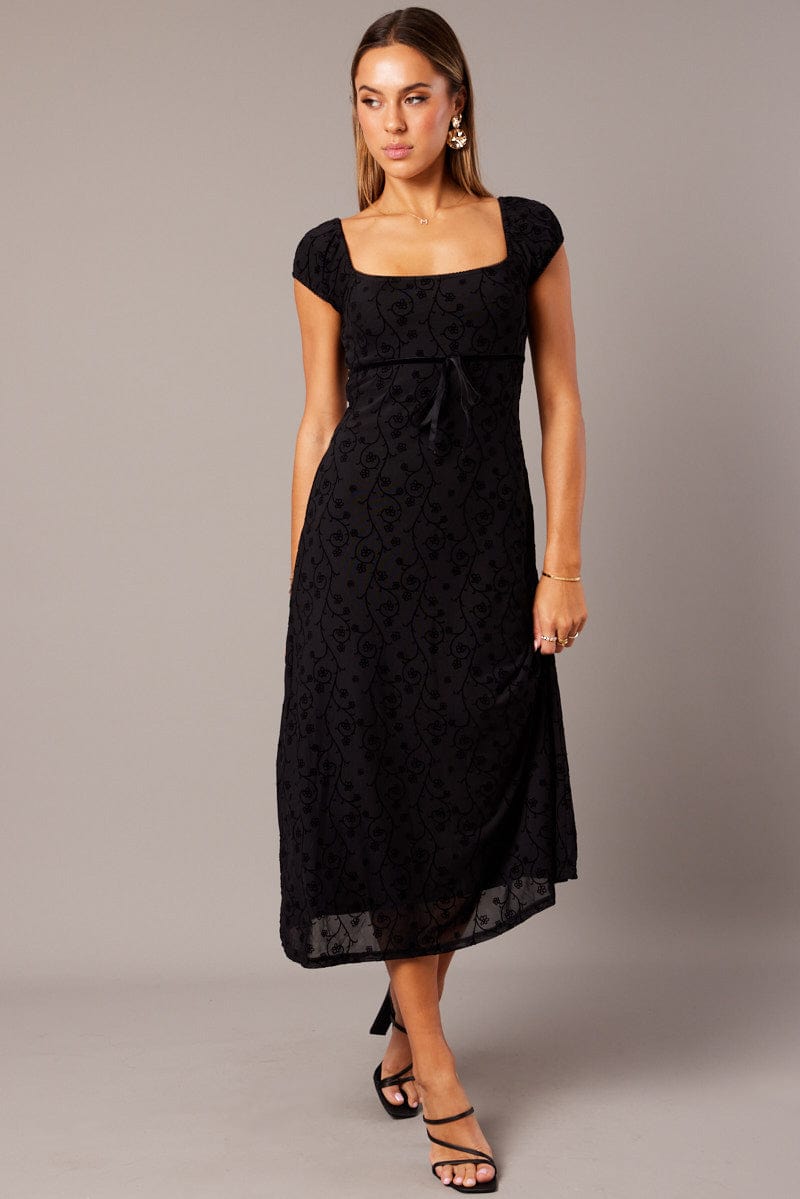 Black Midi Dress Puff Sleeve Burn Out
