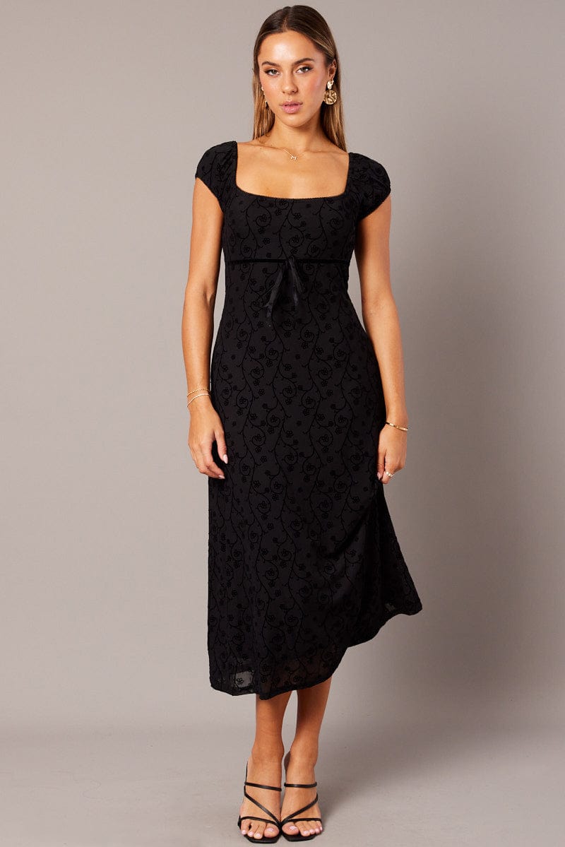 Black Midi Dress Puff Sleeve Burn Out