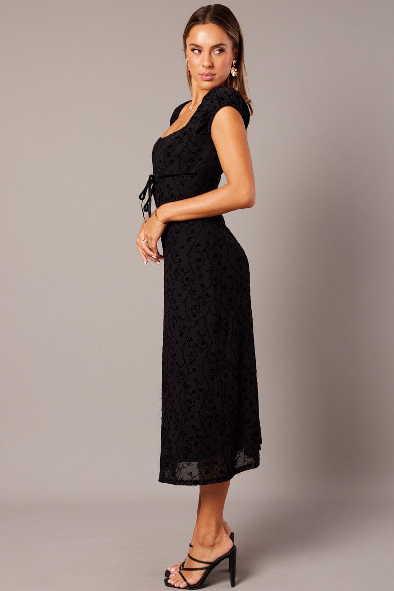 Black Midi Dress Puff Sleeve Burn Out